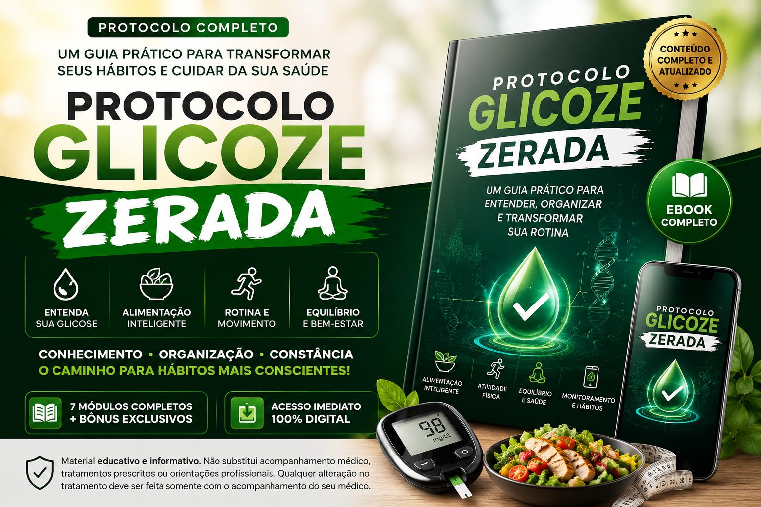 Apresentação do Protocolo Glicose Zerada: capa do material, versão para celular, medidor de glicose e prato equilibrado